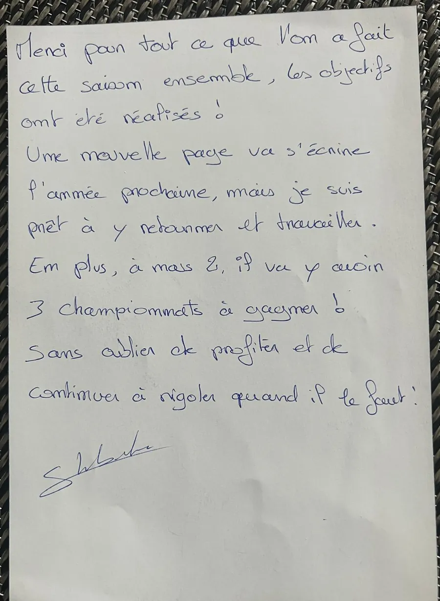 Mot manuscrit d'un pilote adressé à Dominique Palanque en fin de saison